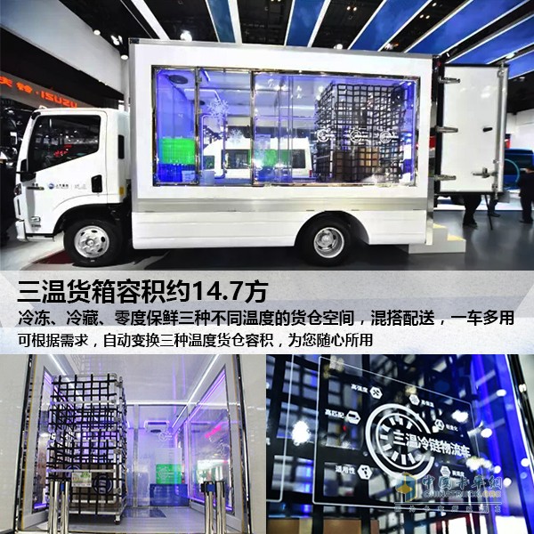 這臺躍進C300-33三溫冷鏈車采用透明玻璃貨廂，并使用聚氨酯泡沫作為廂體材料，導(dǎo)熱差、隔熱好、強度高就是它的優(yōu)勢所在。不僅如此，貨廂采用的是模塊化設(shè)計結(jié)合半自動化拼裝工藝，有效確保廂體密封。