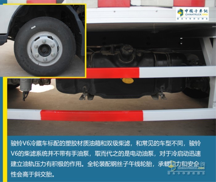 駿鈴V6冷藏車標配塑膠材質(zhì)油箱與雙級柴濾