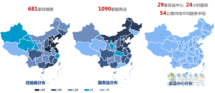 一汽解放現(xiàn)有近700家經(jīng)銷商，千余家服務(wù)站，29家備品中心