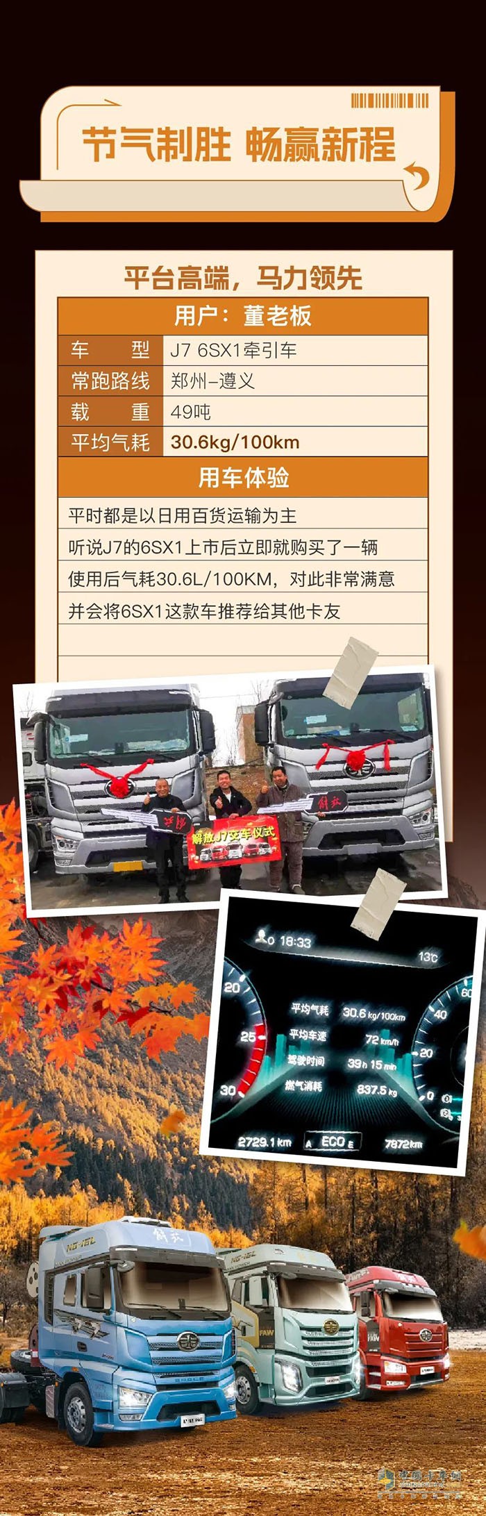百公里氣耗30.6kg！一汽解放J7 6SX1牽引車助力董老板笑贏致富之路
