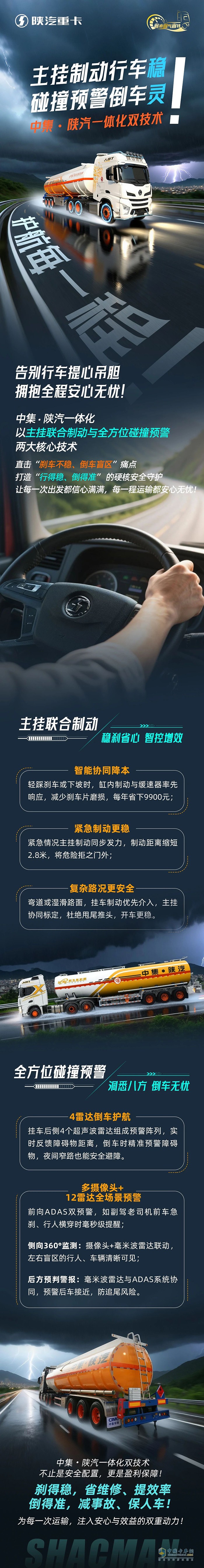 <p>　　主掛制動行車穩(wěn)，碰撞預警倒車靈！中集?陜汽一體化雙技術(shù)，護航每一程！</p>